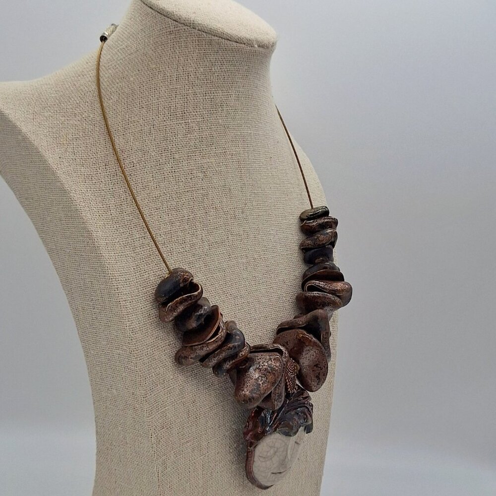 Marcia Merrins Signed Raku Face Bronze Pendant Whimsical Necklace Wearable Art - Picture 7 of 14